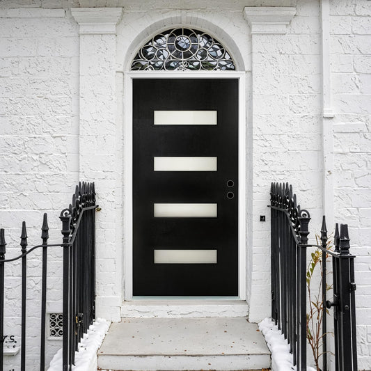 36 x 80 Fiberglass Entry Door with Brickmould, Black Finish Knock-Down Fiberglass Door with 4-9/16 Vinyl Frame, 4-Lite Frosted Glass - Contemporary Style for Home's Front Entrance Left Hand Inswing