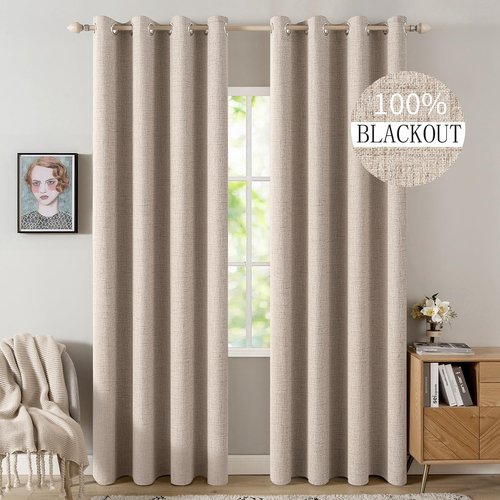 MIULEE 100% Blackout Linen Textured Curtains - Thermal Insulated Natural Beige | 52 x 78 Inch (2 Panels)