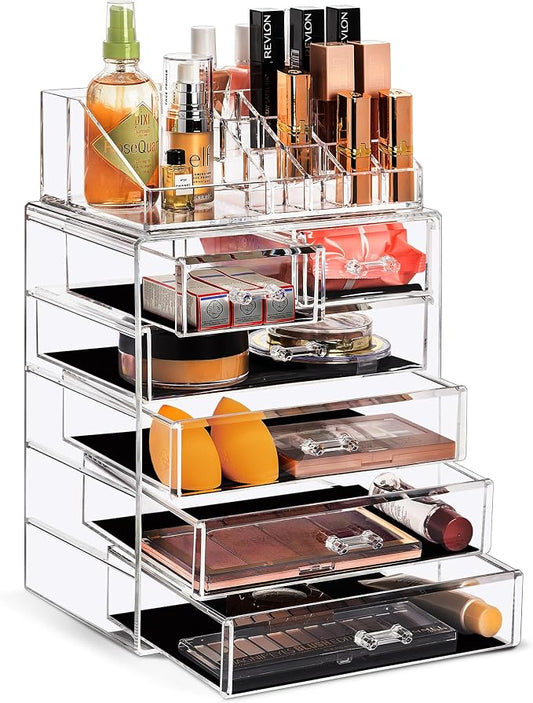 Sorbus Acrylic Makeup Organizer Set, 6-Drawer Vanity & Countertop Cosmetic Storage with Small & Wide Compartments, Clear Makeup Storage for Brushes, Jewelry – Holiday Gift for Women & Teens