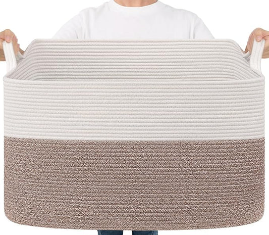 Goodpick 85L Large Woven Basket 23.6" x 15.7" x 13.8" Cotton Rope Storage Organizer for Blankets Dirty Clothes, Rectangle Toy Storage Basket for Nursery Home Decor, Brown