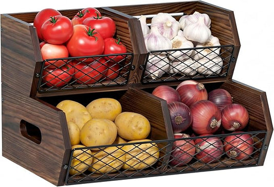 Wood Potato and Onion Storage Bins, Stackable Pantry Organizer, Rustic Produce Storage Baskets for Vegetable, Fruit and Snack