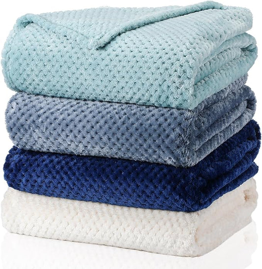 Newwiee 4 Pcs Flanne Fleece Throw Blanket for Bed Couch Large 3D Waffle Textured Soft Blanket Winter Warm Lightweight No Shedding No Pilling Decorative Throw, 50x60 Inch(Gradient Blue)