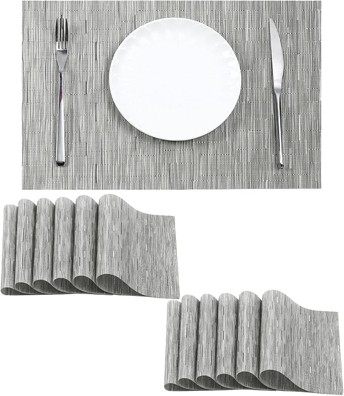 Leetaltree Silver Placemats Set of 12 - Heat Resistant Non-Slip Place mats for Dining Table, Washable Durable PVC Vinyl Woven Table Matsï¼Sliver, 12ï¼