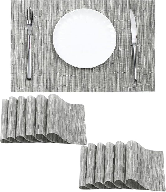 Leetaltree Silver Placemats Set of 12 - Heat Resistant Non-Slip Place mats for Dining Table, Washable Durable PVC Vinyl Woven Table Matsï¼Sliver, 12ï¼