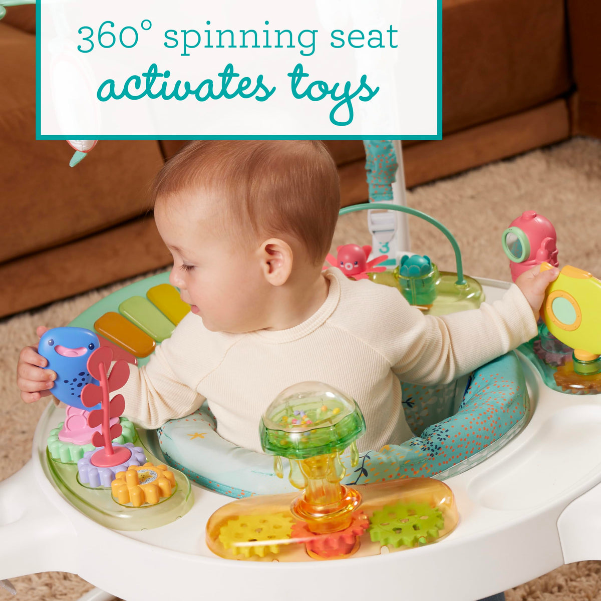 Infantino Magic Motion Activity Jumper, Under the Sea Baby Jumper with 360° Seat, Removable Piano, Lights & Music, Adjustable Height Activity Center, Motor Skills and Sensory Play, Ages 4+ Months