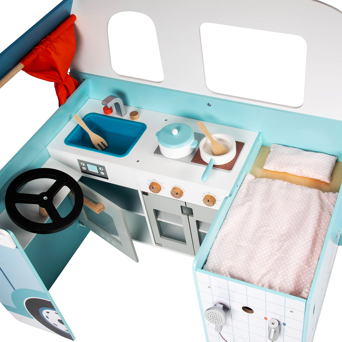 Wooden Play Camper Van Toy Playset w Steering Wheel, Kitchen, Stove, Oven, Bed, Pillow, Pretend Shower, Curtains, Personalization Stickers- Indoor Retro Car Camping, Travel RV Adventure- Ages 3+ Gift