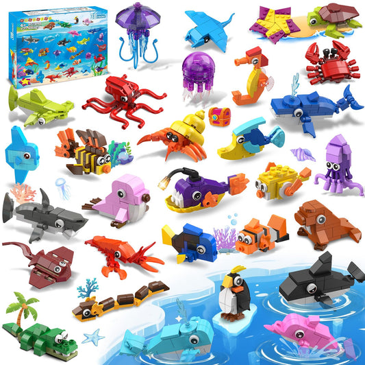 30 Pack Animals Party Favors For Kids, 824PCS Marine Animal Building Block Toy Sets for Goodie Bags Fillers Stocking Stuffer Classroom Prizes Stocking Stuffers Birthday Return Gifts for Boys Girls 6 +