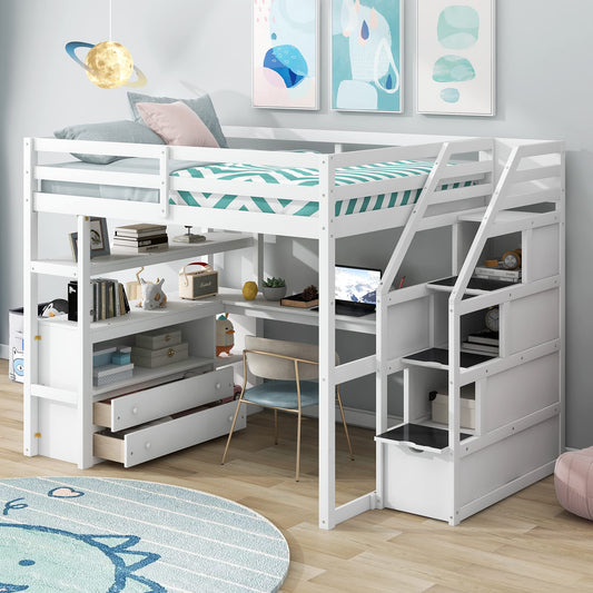 Brisca Full Size Loft Bed with Desk and Shelves,Multifunctionl Bedroom Bed Frame w/Two Built-in Drawers & Storage Staircase,Solid Wood Slats Support,for Kid Adult Boy Girl Teens,White