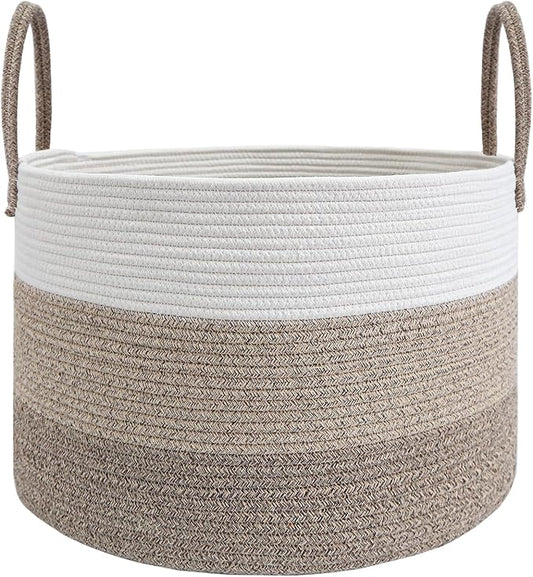 JMvicyroam 65L Extra Large Blanket Basket for Living Room - Woven Cotton Rope Laundry Hamper with Reinforced Handles - Storage Bin for Pillows, Comforters & Toys - Machine Washable,White&Brown Mix