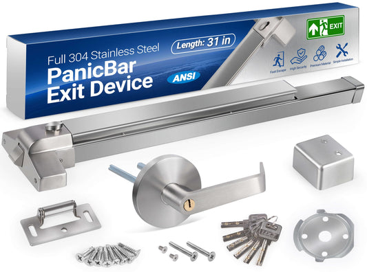 31" Commercial Push Bar Panic Exit Device -All 304 Stainless Steel Panic Bars for Exit Doors with Exterior Lever (6 Keys)- Emergency Exit Panic Door Hardware for 31"-48" Wooden/Metal Doors-HM-750A
