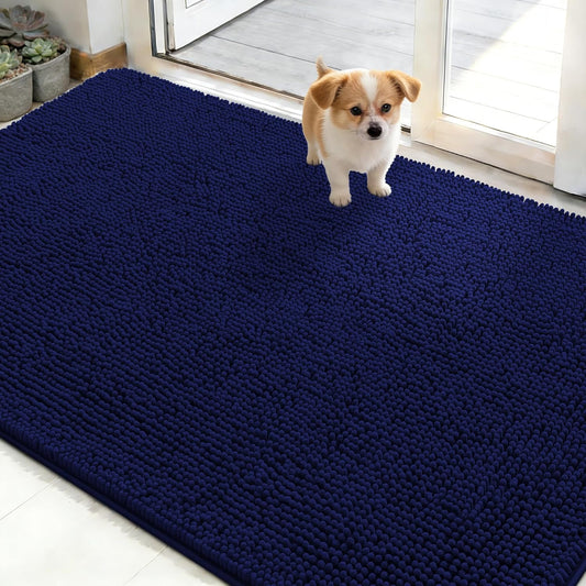 OLANLY Dog Door Mat - Absorbent Non-Slip Washable Chenille Mat for Muddy Paws | 48x30, Navy Blue