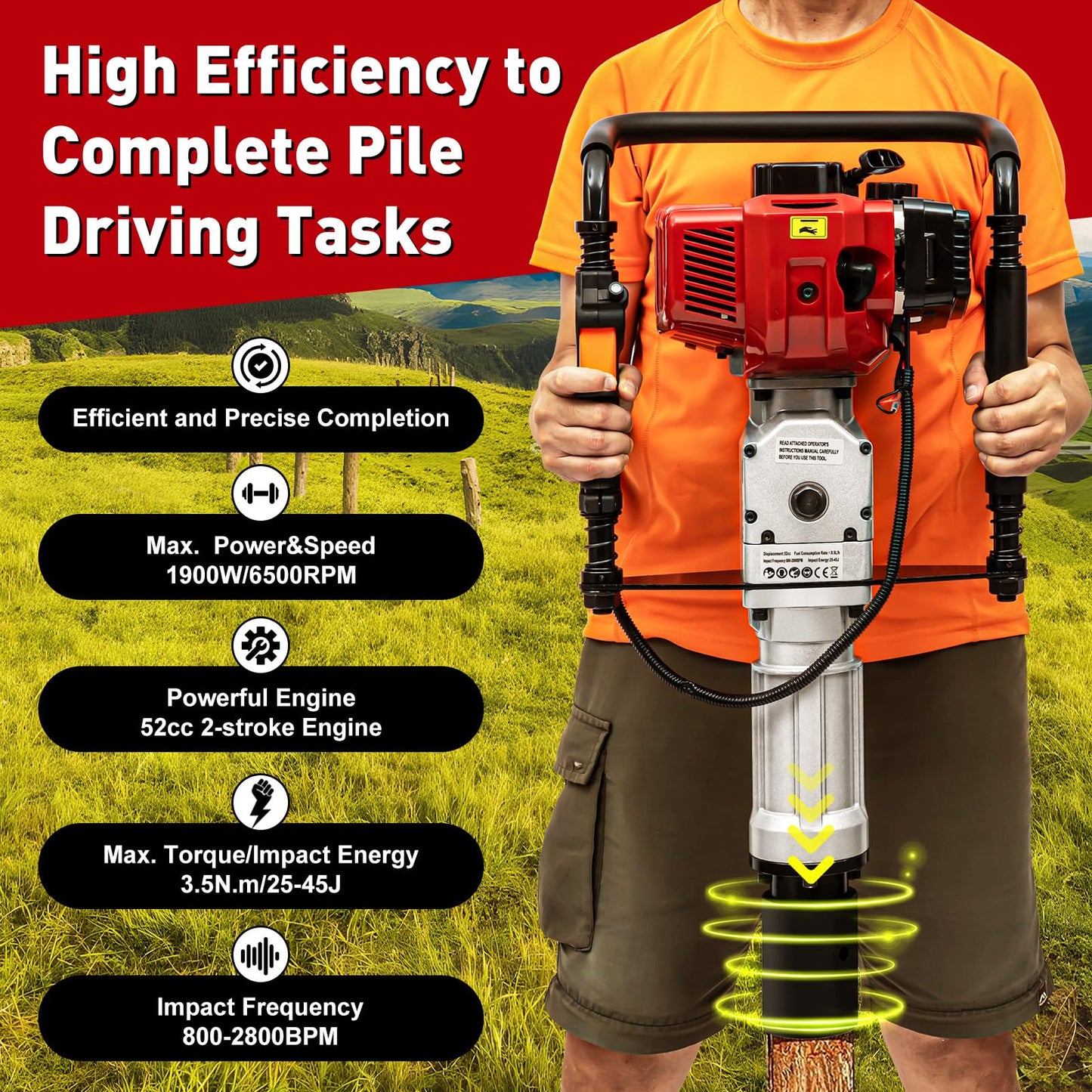 AKSDSGA 52CC Petrol Post Driver 2 Stroke Gas Powered T-Post Driver Hammer Drills with 2 Post Driving Heads, Air Cooling Single Cylinder Gasoline Petrol Garden Fencing Tool Machine