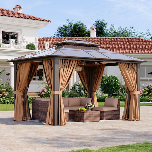 Breezestival 12'x10' Hardtop Gazebo, Outdoor Gazebo with Netting and Curtains, Heavy Duty Pavilion with Aluminum Frame, Double Roof Canopy Party Tent for Patio, Garden, Backyard, Lawn