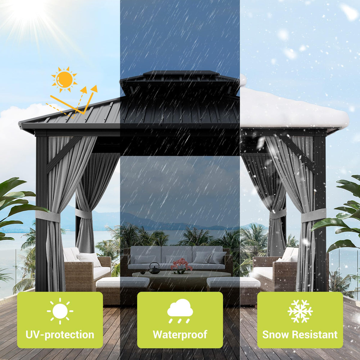 10' x 12' Aluminum Hardtop Gazebo with Double Metal Roof, All-Weather Permanent Outdoor Canopy with Netting & Curtains for Patio, Backyard, Deck, and Lawn