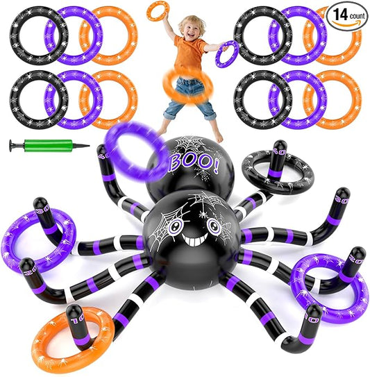 Halloween Ring Toss Games, 14PCS Inflatable Spider with Air Pump 12 Toss Rings for Halloween Party Games Super Fun Game Activities for Kids Adults Indoor Outdoor