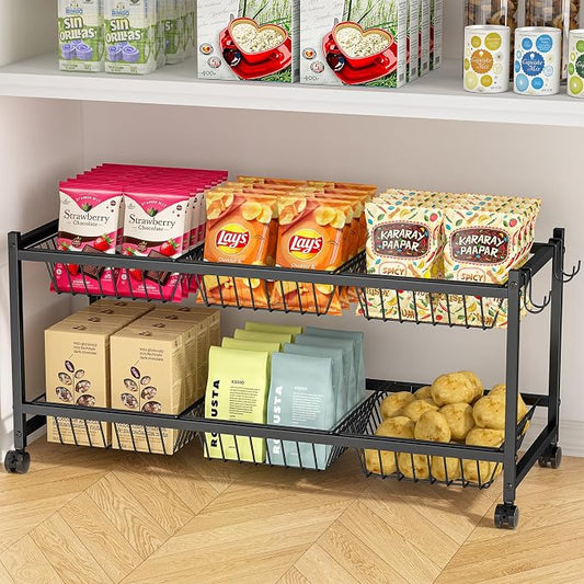 2-Tier Rolling Pantry Cart on Wheels with 6 Removable Baskets, Sturdy Pantry Floor Organizer and Storage, Kitchen Storage Cart for Fruit Vegetables, Snack Organizer for Pantry Kitchen Living Room