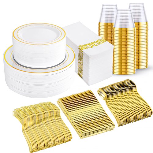 I00000 350Pcs Gold Dinnerware Set for 50 Guests, Gold Plastic Plates for Party, Include: 100 Disposable Plastic Plates, 50 Paper Napkins, 50 Cups, 50 Silverware Set Perfect for Party & Wedding