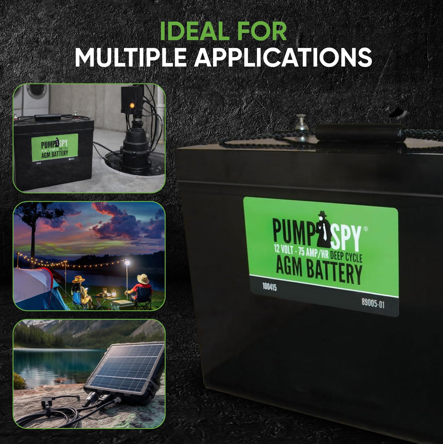 PumpSpy 12v 75Ah Maintenance-free Sump Pump Battery AGM Ideal for Start-stop Applications, Insusceptible to Vibration, Handles High Electrical Loads