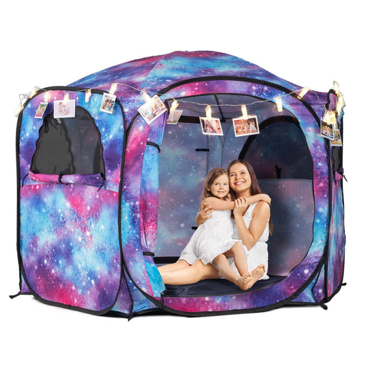 Porayhut Galaxy Pop Up Play Tent for Kids, 67" Hexagonal Privacy Sensory Tent with Removable Thick Mat & LED Photo Clip Lights, Light Blocking Indoor Outdoor Playhouse for Boys & Girls, Space Castle