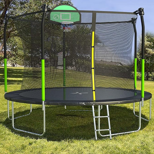 AOTOB 8FT 10FT 12FT 14 FT 15FT Trampoline with Safety Enclosure Net，Outdoor Trampoline with Basketball Hoop, Heavy Duty Jumping Mat and Spring Cover Padding for Kids and Adults, Storage Bag and Ladder