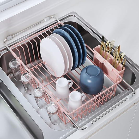 JASIWAY Pink Dish Drying Rack in Sink, Expandable Stainless Steel Dish Drainers for Kitchen Counter, Dish Dryer Rack for Inside Sink, Over The Sink Dish Racks with Utensil Holder