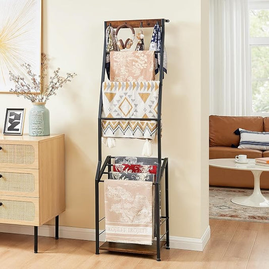 Pinzoveco Blanket Ladder, 7 Tier Wooden Ladder Shelf with Hooks, 5.5ft Blanket Holder Rack Farmhouse Ladder Rack for Storage and Home Decor, Rustic Brown and Black