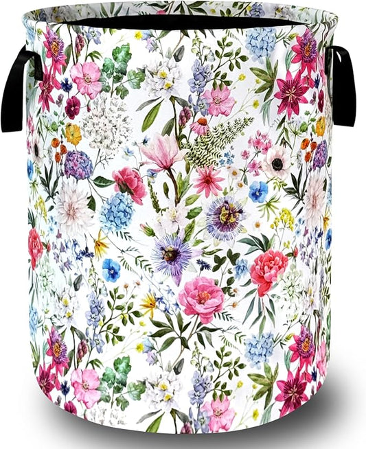 Watercolor Flower Floral Laundry Basket Foldable With Handles Tote Bag Oxford Cloth Colorful Laundry Hamper Clothes Storage Bucket Toy Organizer 18.9" x 16.5" For Bathroom/Laundry/Bedroom