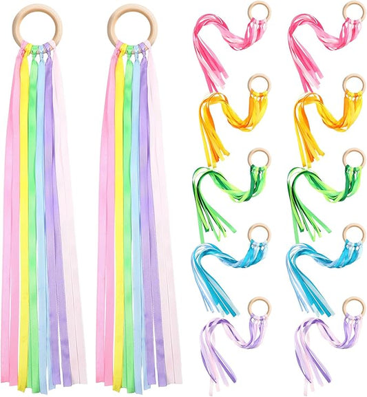 Deekin 12 Pcs Rainbow Ribbon Wooden Waldorf Toys Creative Waldorf Hand Kite Set Streamers with Wood Ring Sensory Learning Educational Toy for Playroom Dancing Birthday(Cute Color)