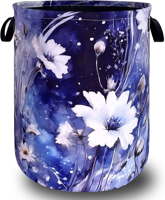 Blue Daisy Flower Laundry Basket Foldable Oxford Cloth Watercolor Floral Laundry Hamper With Handle Portable Clothes Storage Organizer Basket 18.9"x16.5" Storage Bag For Laundry Room/Bathroom/Bedroom