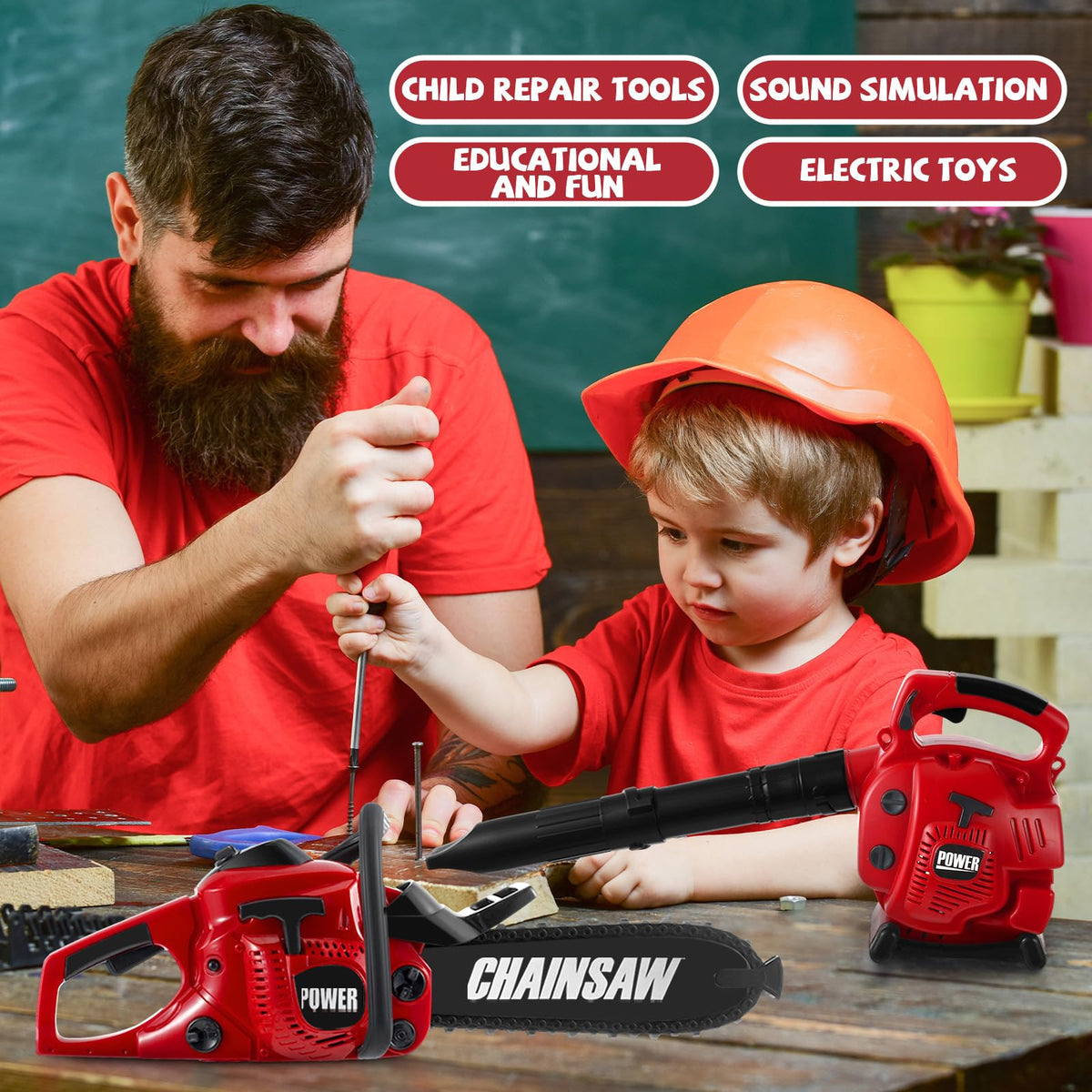 Arrowbash Toy Chainsaw & Kids Leaf Blower Set for Kids, Battery Powered with Sounds, 2 Pcs Gardening Toy Gift for Boys & Girls