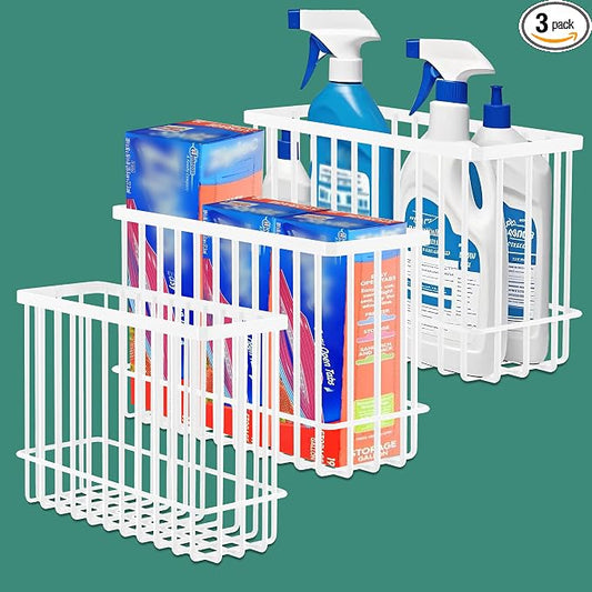 3 Pack Cabinet Door Organizer, Foil and Plastic Wrap Organizer, Wall Mounted Kitchen Organizers and Storage Wire Basket, Pantry Door Storage Kitchen Wrap, White