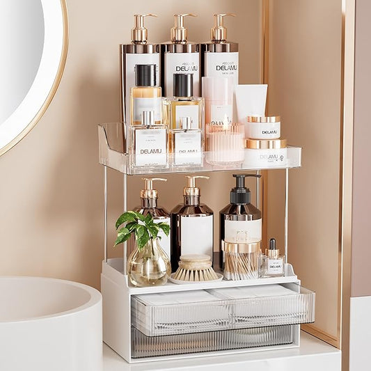 Delamu Bathroom Organizers and Storage, 2 Tier 2 Drawer Makeup Organizer Countertop, Easy to Install, Ideal for Bathroom Counter, Vanity, Clear