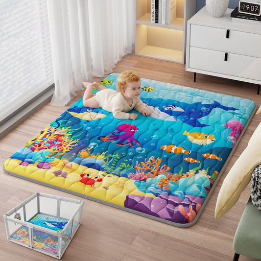 Baby Play Mat, 71"x59" Soft Thicker Playpen Mat, Non-Slip Baby Play Mat for Floor, Portable & Waterproof, Machine Washable Crawling Play Mat for Babies,Toddlers and Infants to Play and Learn,Sea World