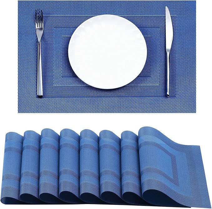 Leetaltree Blue Frame Placemats Set of 8 - Heat Resistant Non-Slip Place mats for Dining Table, Washable Durable PVC Vinyl Woven Table Matsï¼Blue Frame, 8ï¼