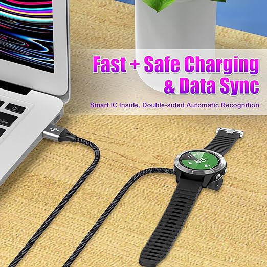 AGVEE 2 Pack 3.3ft Charger Cable for Garmin Watch, L-Shape Braided Charging Cord for Fenix, Forerunner, Vivoactive, Instinct, Venu, Tactix, Approach, D2, Quatix Series, Dark Gray