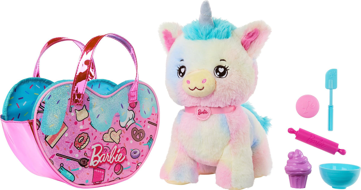 Barbie Stuffed Animals, Unicorn Toys, Plush Unicorn with Dessert-Themed Purse Playset and 5 Accessories, Chef Pet Adventure
