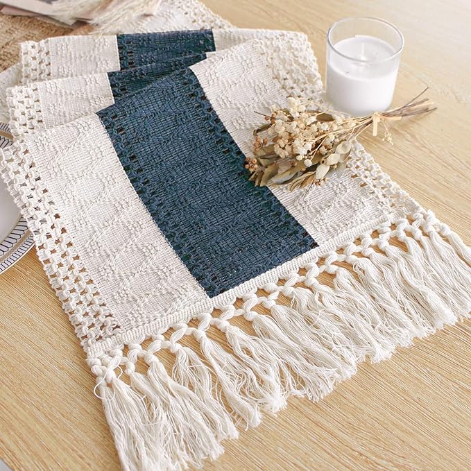 FEXIA Boho Blue Table Runner 108 Inches Long with Tassels Macrame Farmhouse Summer Style Graduation Party Rustic Wedding Baby Shower Dining Kitchen Living Room Decor (12x108 Inches)
