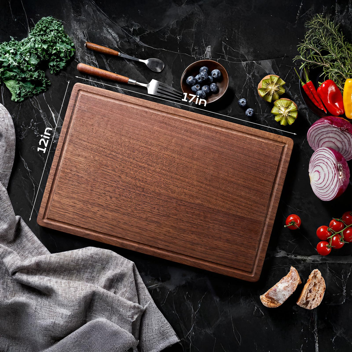 KOBACH Black Walnut Wood Cutting Board – 11"x17" Durable, Non-Toxic Double-Sided Wooden Chopping Board for Kitchen, Butcher Block with Juice Grooves