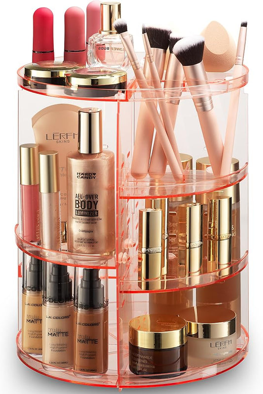 Masirs Rotating Makeup Organizer for Vanity, Large 360° Spinning Cosmetic & Skincare Organizer, Adjustable Shelf Height, Perfume Stand, Countertop Storage for Bathroom or Bedroom, Pink