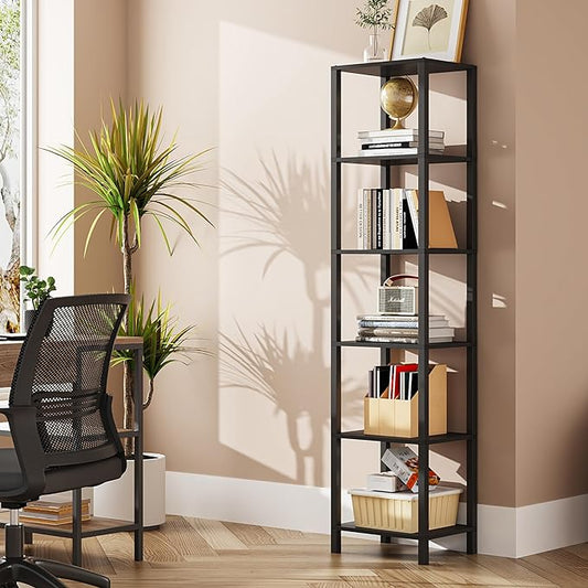 TUTOTAK Bookshelf, 6-Tier Tall Book Shelf, Narrow Bookcase for Small Space, DIY Stackable Bookshelf, for Living Room, Office, Study, Entryway, Industrial, Black BS01BK006