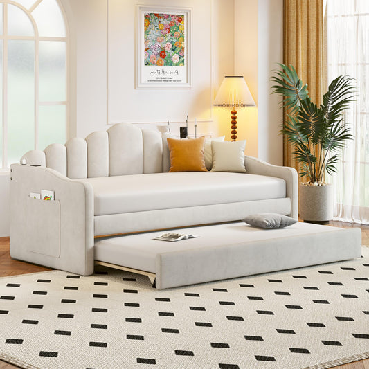 Ball & Cast Twin Daybed with Trundle and Channel Tufted Backrest,Velvet Upholstered Day Bed Frame with USB Charging Ports and 2 Side Pockets, Wood Slats Support,No Box Spring Needed,Beige