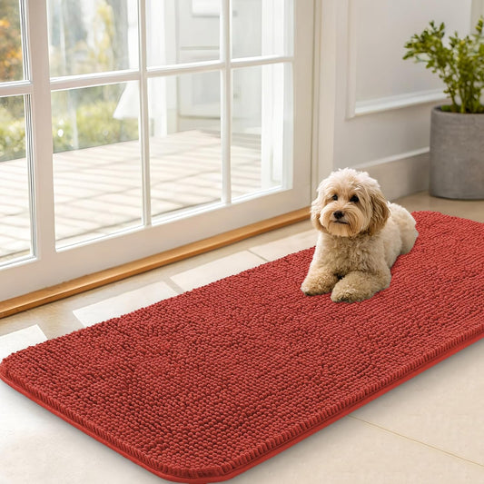 OLANLY Dog Door Mat - Absorbent Non-Slip Chenille for Muddy Paws | 47x20, Quick Dry, Maple Red
