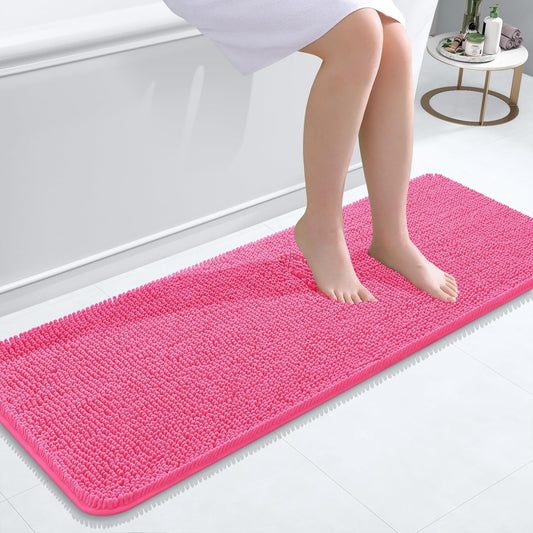 OLANLY Bathroom Runner Rugs - Soft Chenille Bath Mats with Rubber Backing | Quick Dry, 47x17, Hot Pink