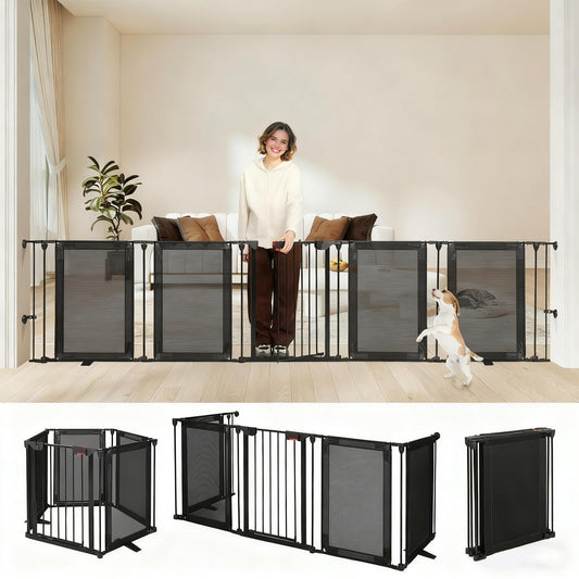 HIDOG Dog Gate Foldable Pet Playpen Extra Wide 29"-126", Auto Close Pet Gate Dog Fence Pressure Mounted Walk Through Swing Safety Pet Fence Indoor Puppy Date for Stairs, 29" Height-5 Panels, Black