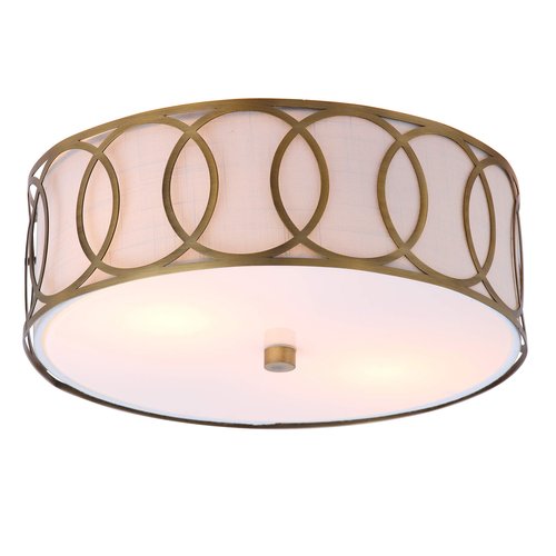 JONATHAN Y 12.25" Brass Gold 2-Light Modern Metal LED Flush Mount Ceiling Light for Bedroom Hallway, White Linen Drum Shade with Geometric Fretwork, LED Bulbs Included JYL3502A