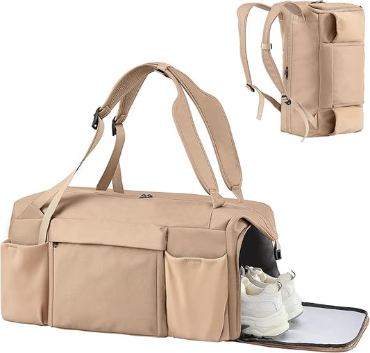 Gym Bag for Men with Shoes Compartment and Wet Pocket Convertible Duffle Bag and Gym Backpack Waterproof Sports Bag with 2 Bottle Holders Weekender Overnight Bag - Khaki