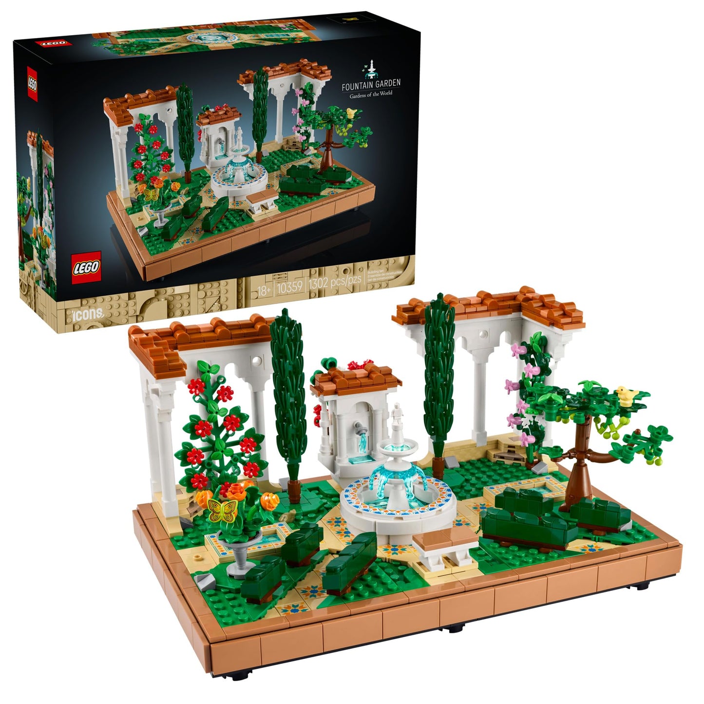 LEGO Icons Fountain Garden Building Set - DIY Kit for Adults, Ages 18+ - Miniature Craft Building Blocks for Home Decor, Display - Gift for Birthdays - with Cypress Trees and Grape Vines - 10359