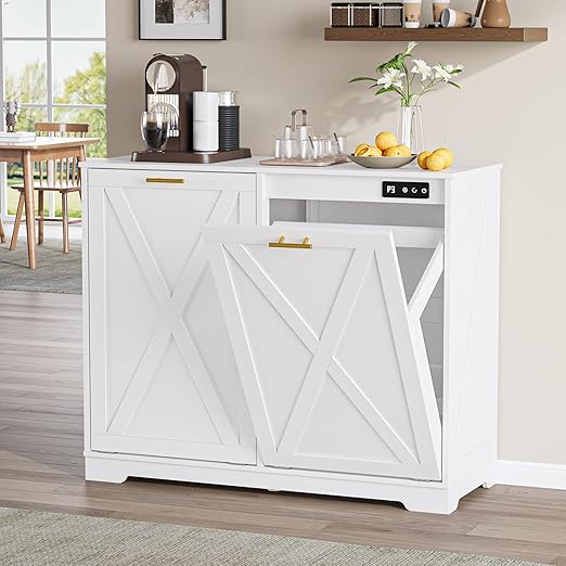 Double Tilt Out Trash Can Cabinet, Wooden Farmhouse Kitchen Garbage Bin Enclosure with Negative Ion Odor Control, Hidden Dog Proof Trash or Laundry Basket Storage for Laundry Room, White