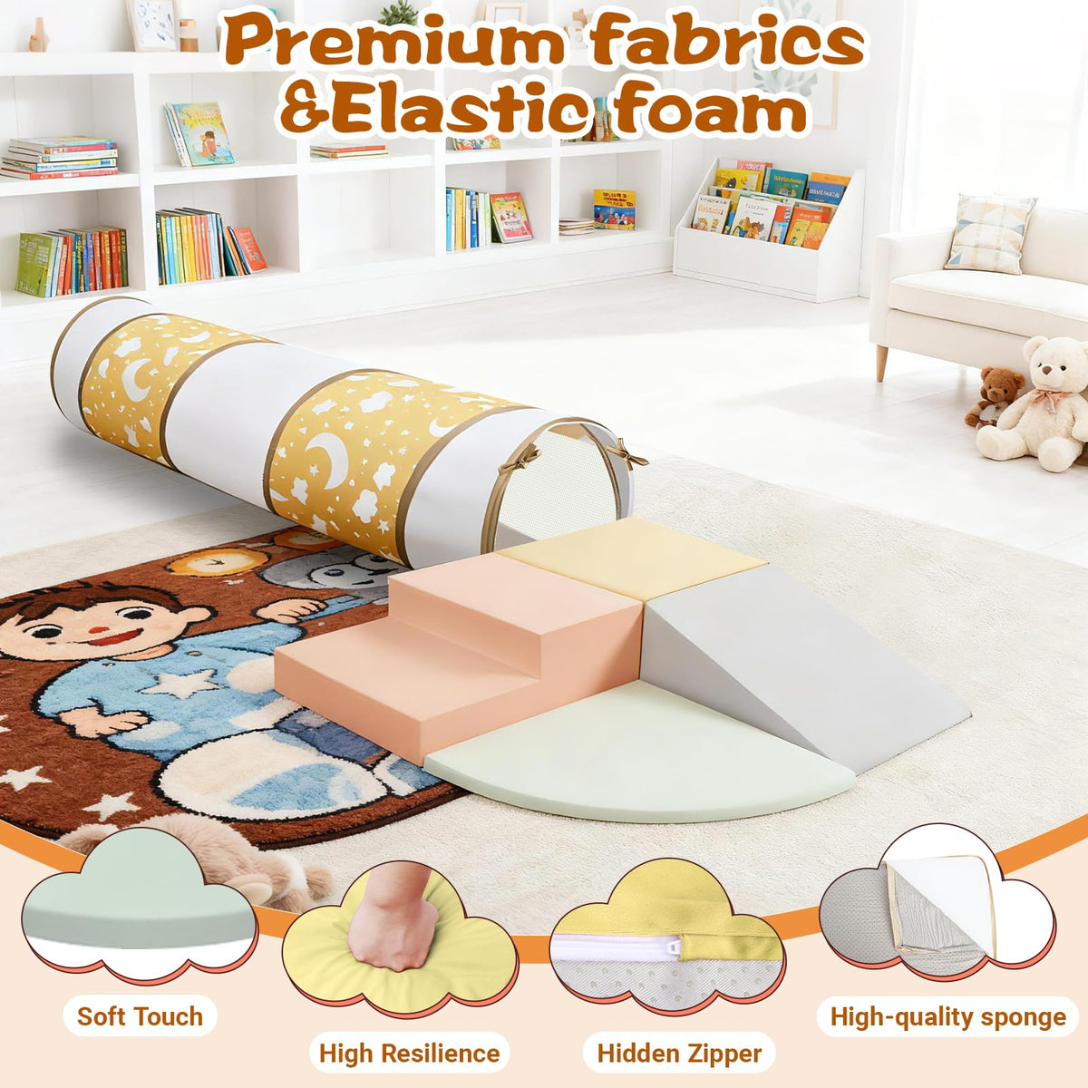 PATAZOK Climbing Toys for Toddlers, 5-Piece Soft Foam Climbing Blocks Set&Crawl Through Tunnel, Toddler Playtime Corner Climber Indoor Foam Play Gym (5-Piece Set&Tunnel)