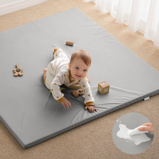 Blissful Diary Vegan Leather Baby Play Mat, 50x50 Thicken Foam Cushioned & Waterproof Playpen Mat for Infants and Toddlers, Stylish and Just Wipe-Clean Playmat for Baby Play on Floor, Light Gray